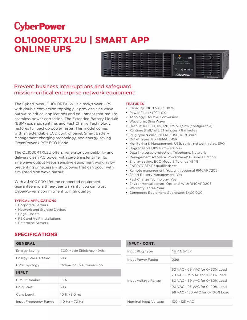 Página 1 del manual Ficha técnica CyberPower Smart App OL1000RTXL2U