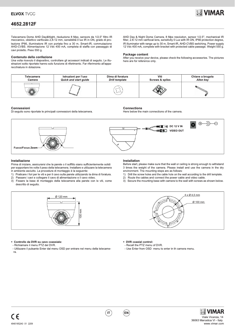 Page 1 de la notice Manuel utilisateur Vimar ELVOX 4652.2812F