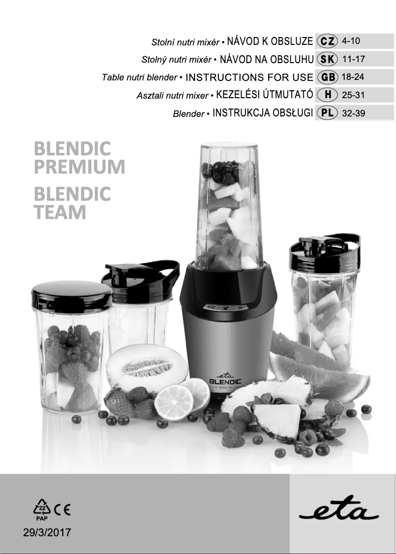 Page n°1 - Manuel utilisateur Eta Blendic Premium 4011 90000