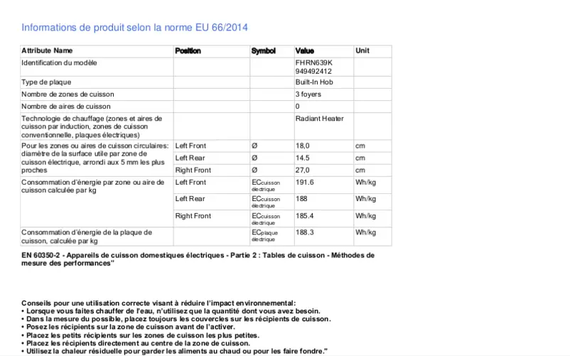 Page 1 de la notice Fiche technique Electrolux FHRN639K