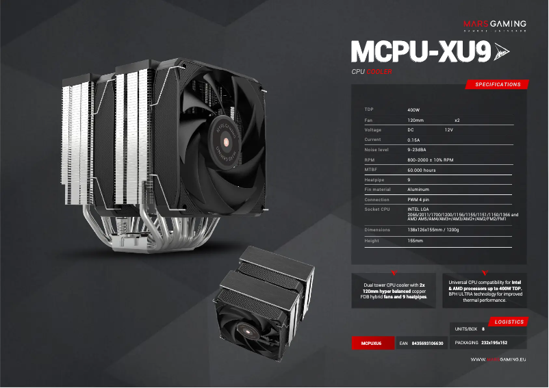 Page 1 de la notice Fiche technique Mars Gaming MCPU-XU9