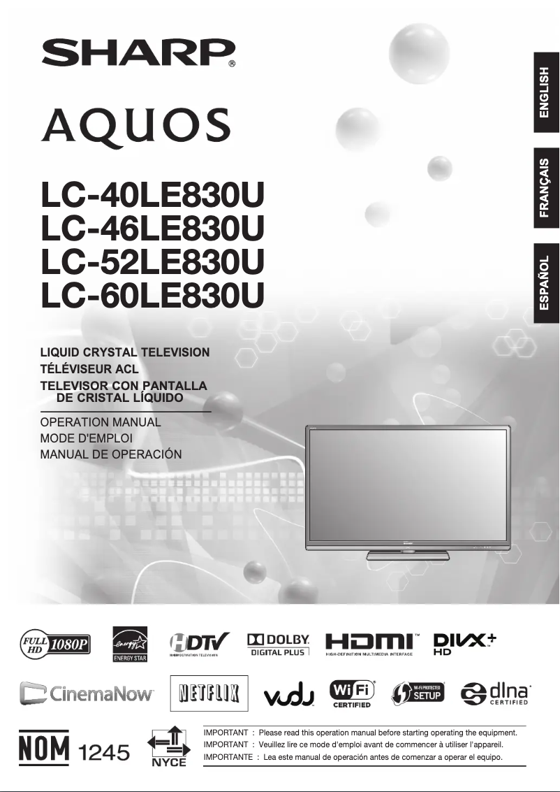 Image de la première page du manuel de l'appareil Aquos LC-46LE830U