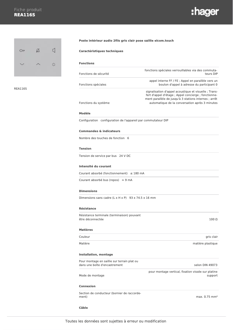 Page 1 de la notice Fiche technique Hager REA116S