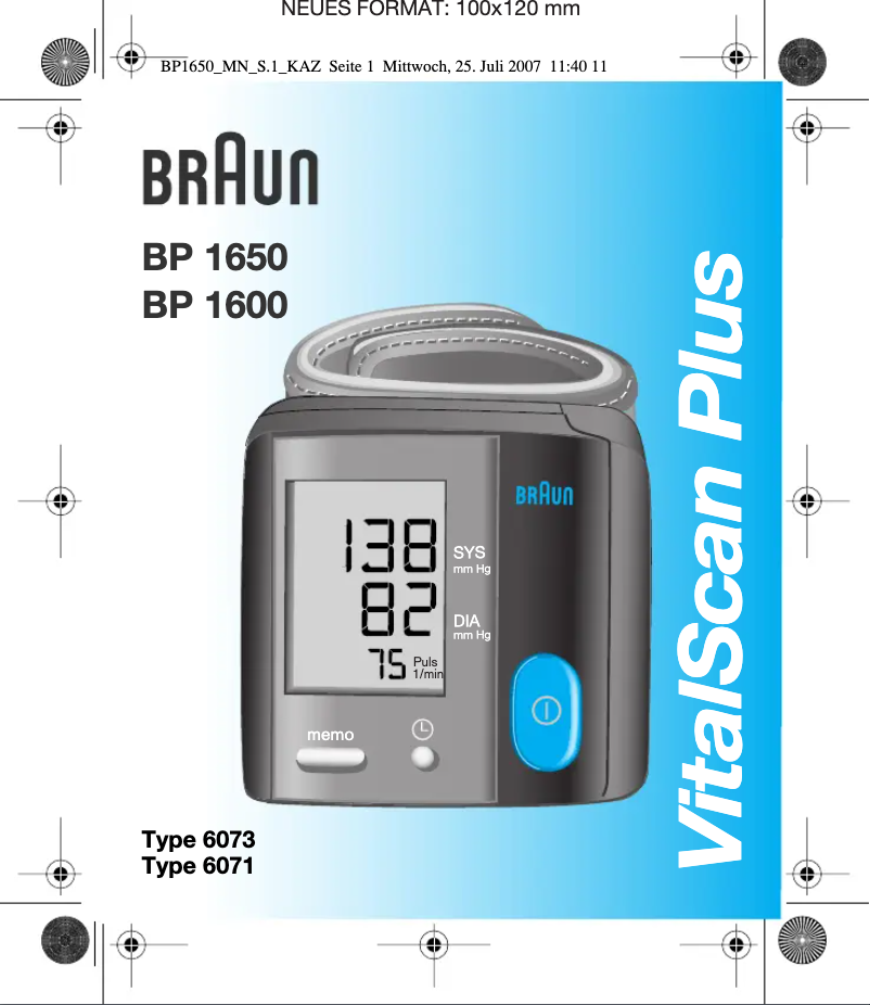 Page n°1 - Manuel utilisateur Braun VitalScan Plus BP1650