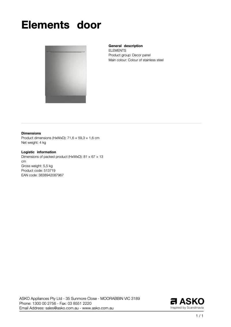 Page 1 de la notice Manuel utilisateur Asko Elements door