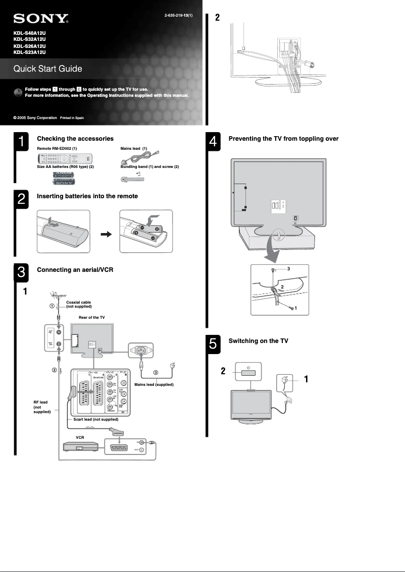 Page 1 de la notice Guide d'installation Sony Bravia KDL-S32A12U