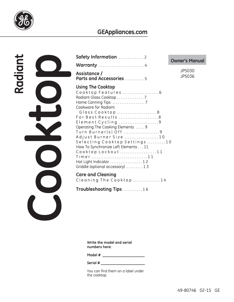 Página 1 del manual Manual de usuario GE JP5030SJSS