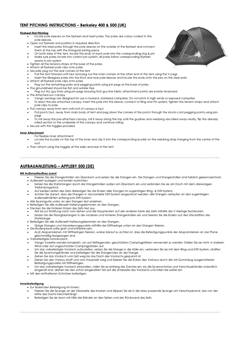 Page 1 de la notice Manuel utilisateur Vango Berkeley 500