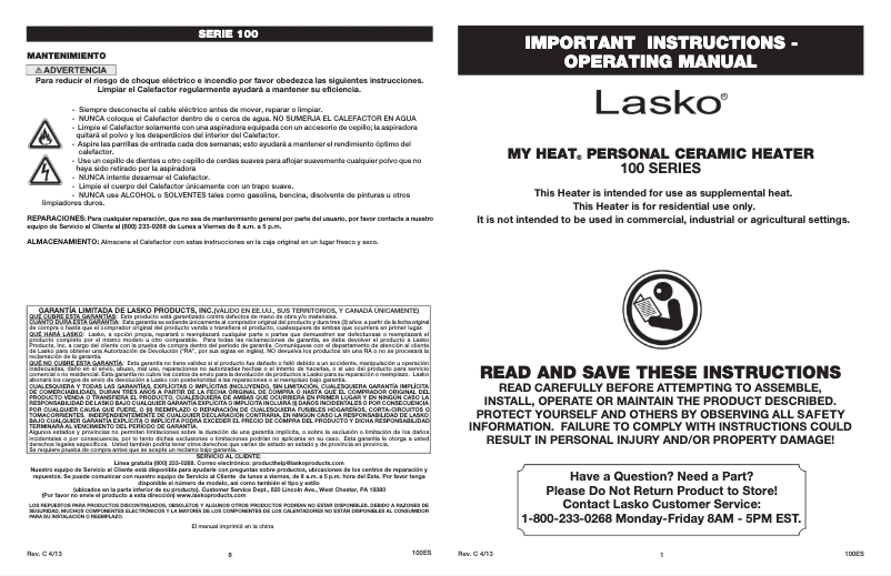 Page 1 de la notice Manuel utilisateur Lasko MyHeat 101