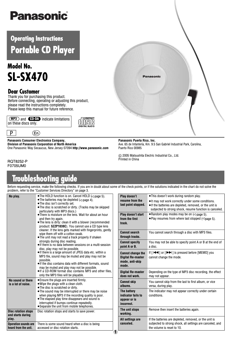 Page 1 de la notice Manuel utilisateur Panasonic SL-SX470