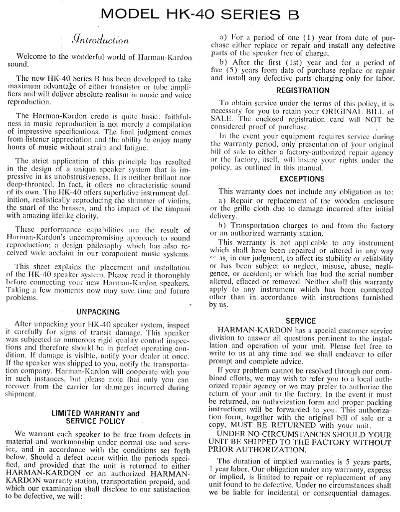 Page n°1 - Manuel utilisateur Harman Kardon HK-40