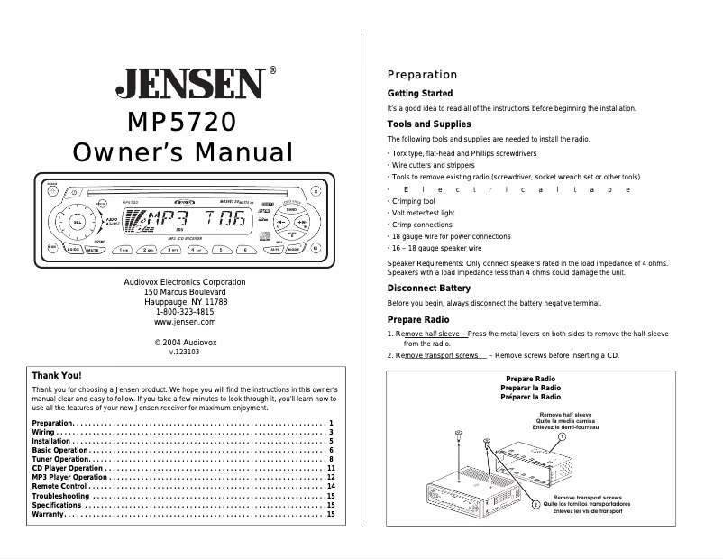 Page n°1 - Manuel utilisateur Jensen MP5720