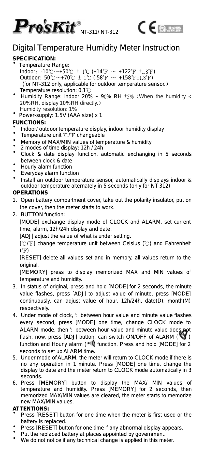 Page n°1 - Manuel utilisateur Pro'sKit NT-311