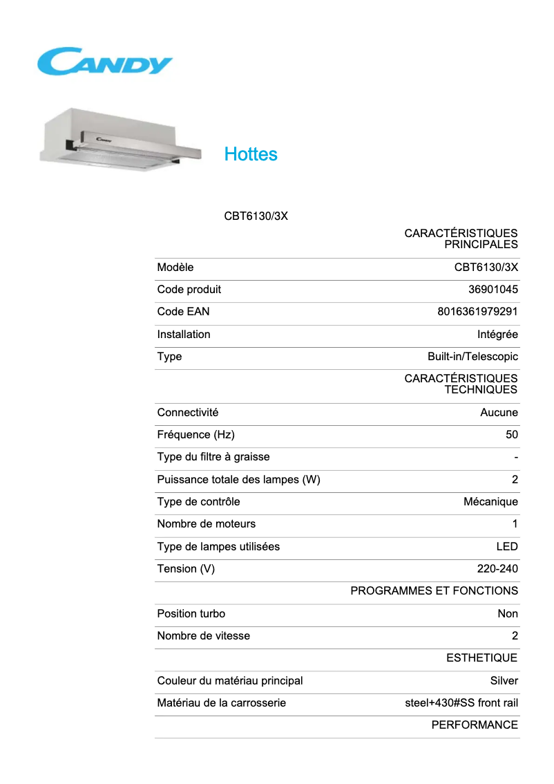 Page 1 de la notice Fiche technique Candy CBT 6130/3X