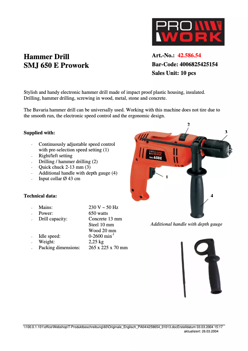 Page n°1 - Fiche technique Prowork SMJ 650 E