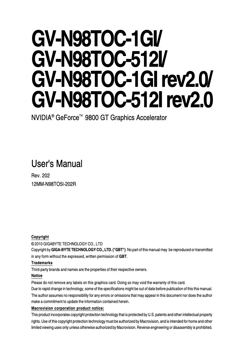 Page 1 de la notice Manuel utilisateur Gigabyte GV-N98TOC-1GI (rev. 2.0)