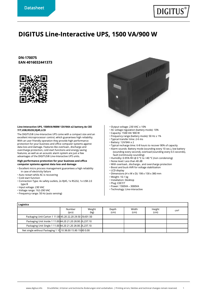 Page 1 de la notice Fiche technique Digitus DN-170075