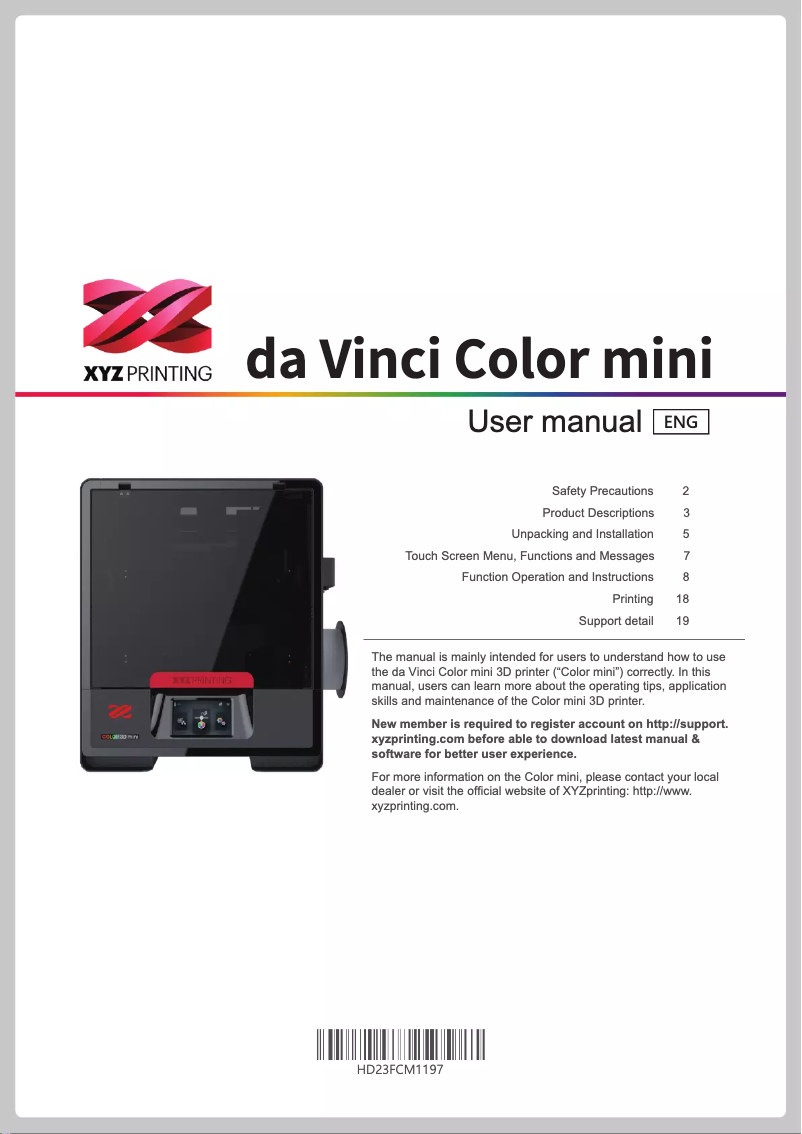 Page 1 de la notice Manuel utilisateur XYZprinting da Vinci Color mini