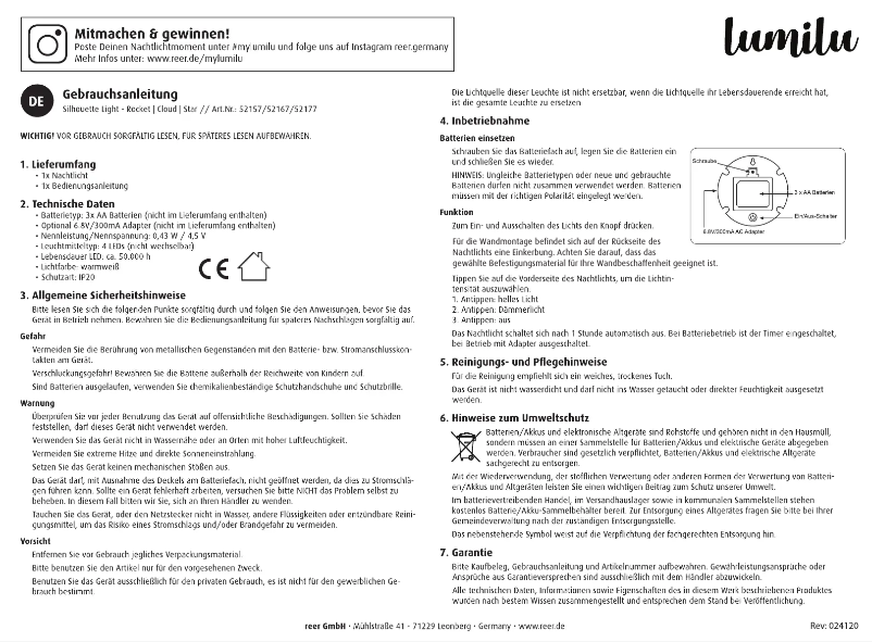 Page 1 de la notice Manuel utilisateur Reer lumilu Silhouette Light 52177