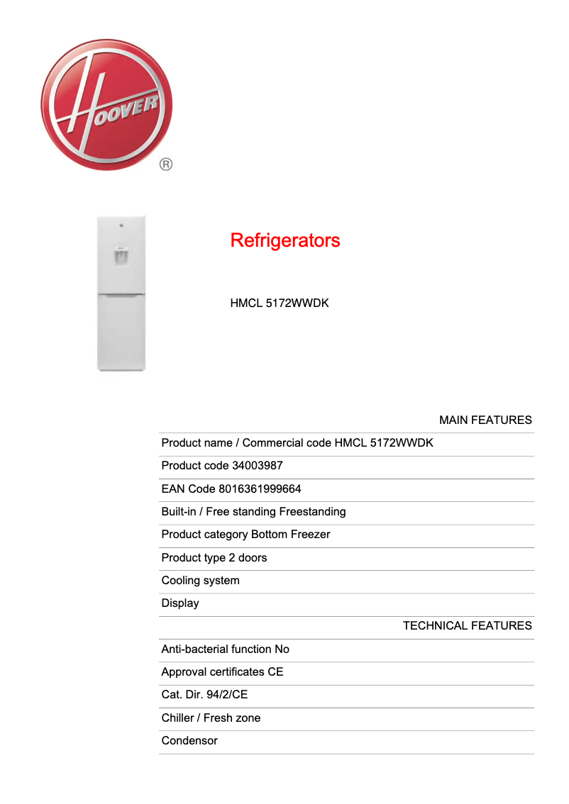 Page n°1 - Fiche technique Hoover H-FRIDGE 300 HMCL 5172WWDK