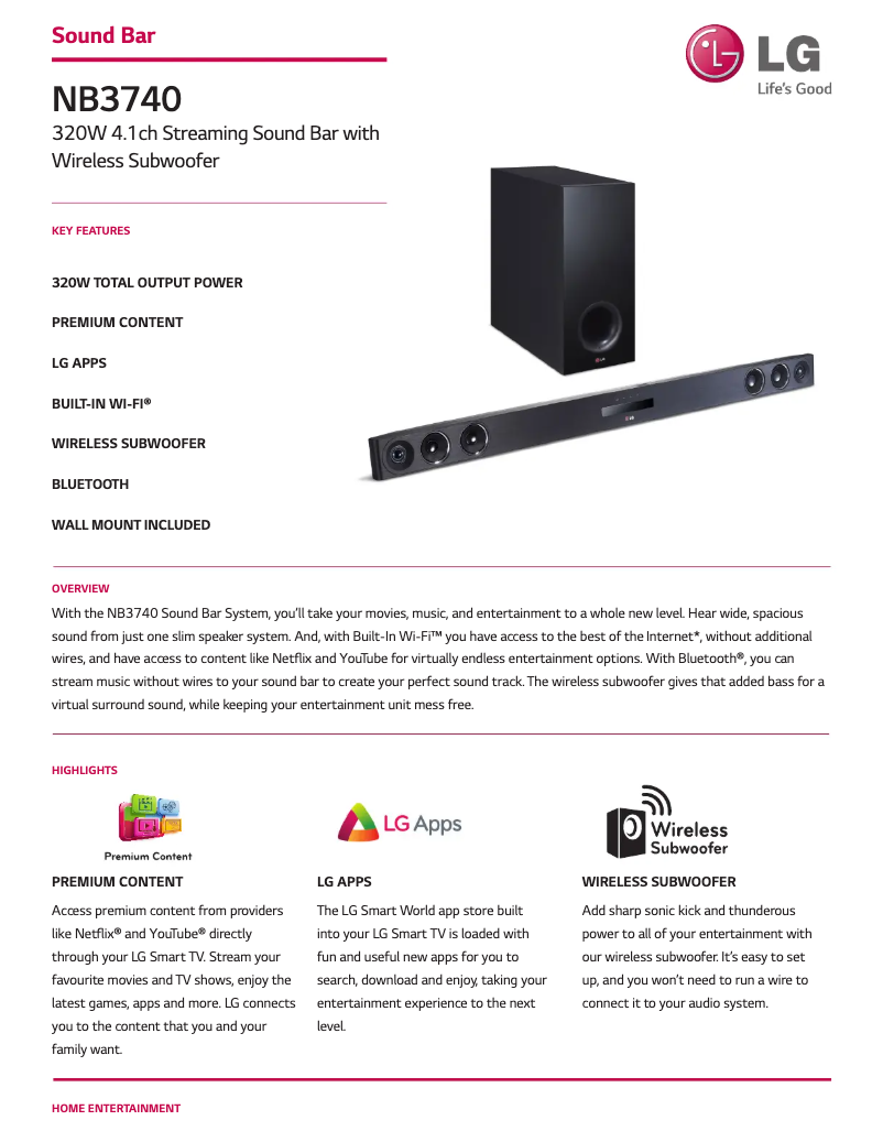 Page 1 de la notice Fiche technique LG NB3740