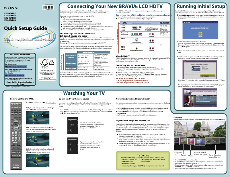 Page 1 de la notice Guide d'installation Sony Bravia KDL-40XBR7