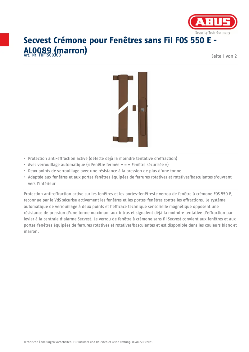 Page 1 of the manual Technical Sheet Abus FUFT50030B