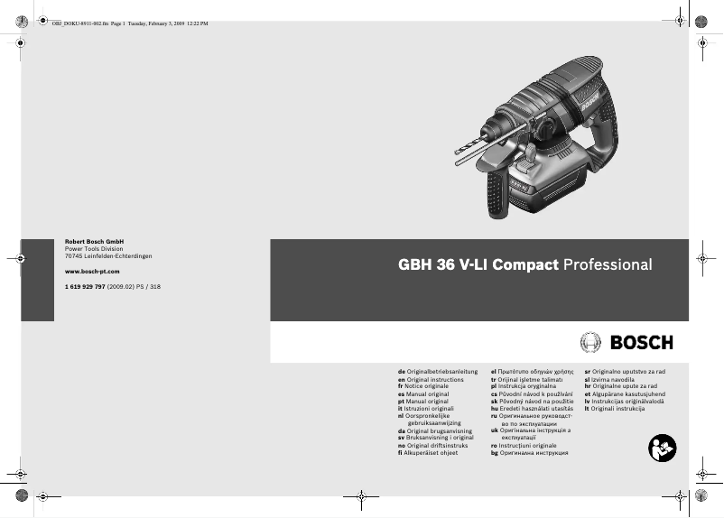 Page 1 de la notice Manuel utilisateur Bosch GBH 36 V-LI Compact Professional
