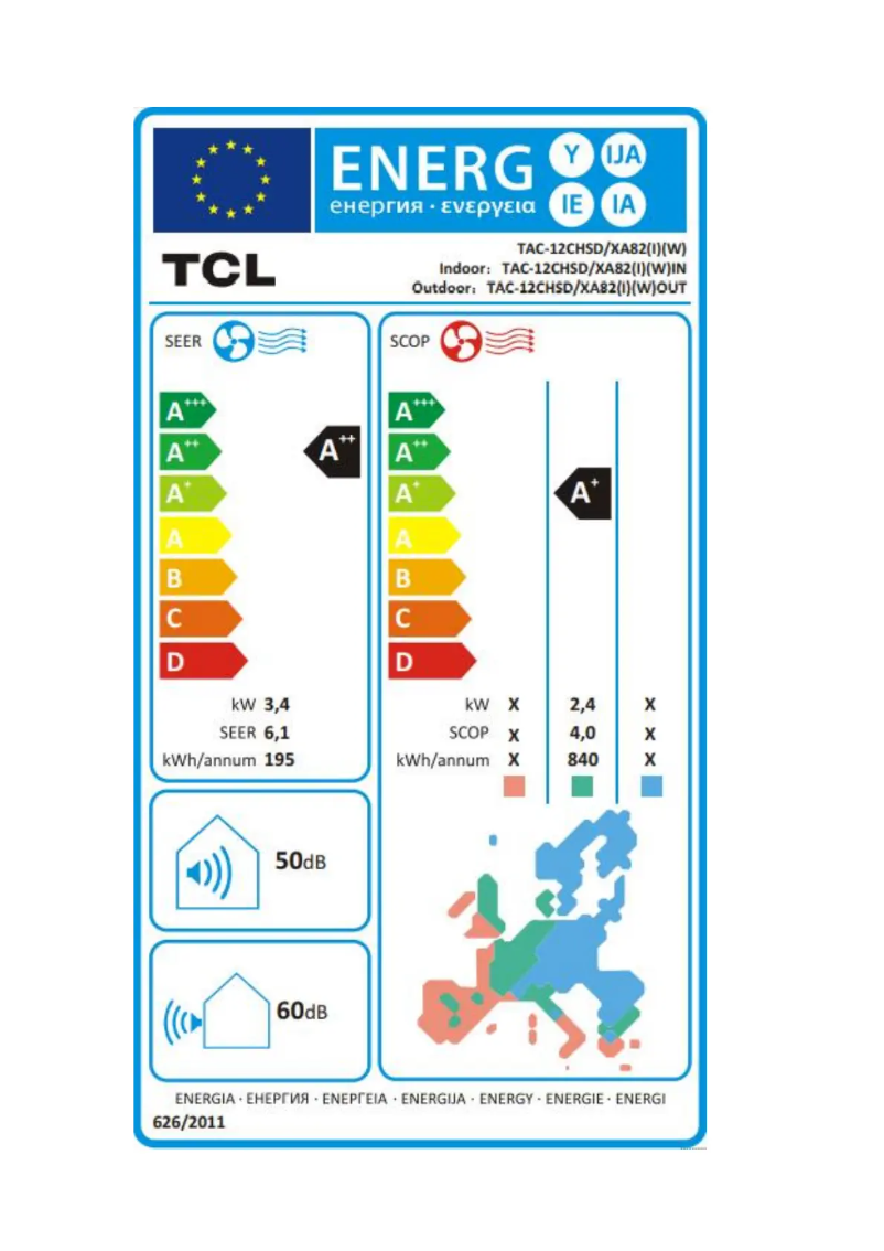 Page 1 de la notice Label énergétique TCL TAC-12CHSD-XA82