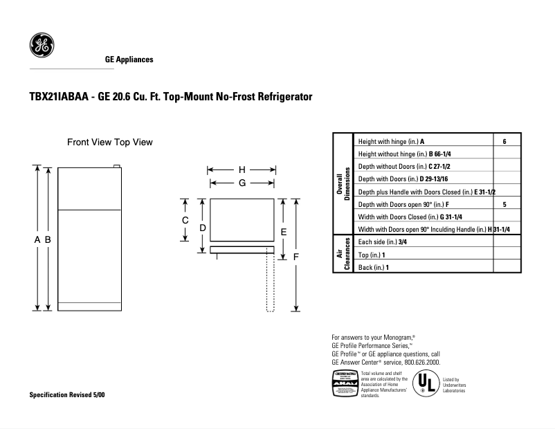 Page 1 de la notice Fiche technique GE TBX21IABAA