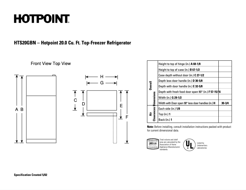Page n°1 - Fiche technique Hotpoint HTS20GBNCC