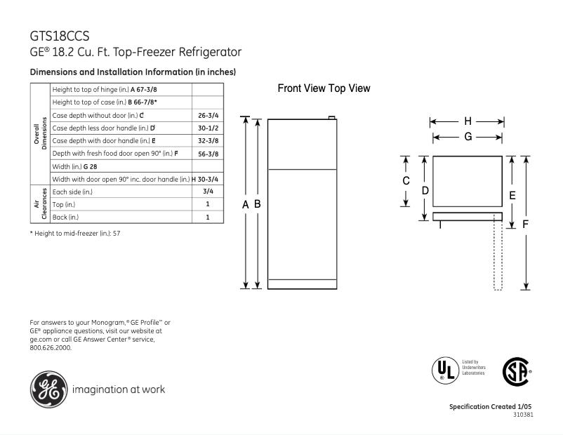 Page n°1 - Fiche technique GE GTS18CCSRBB