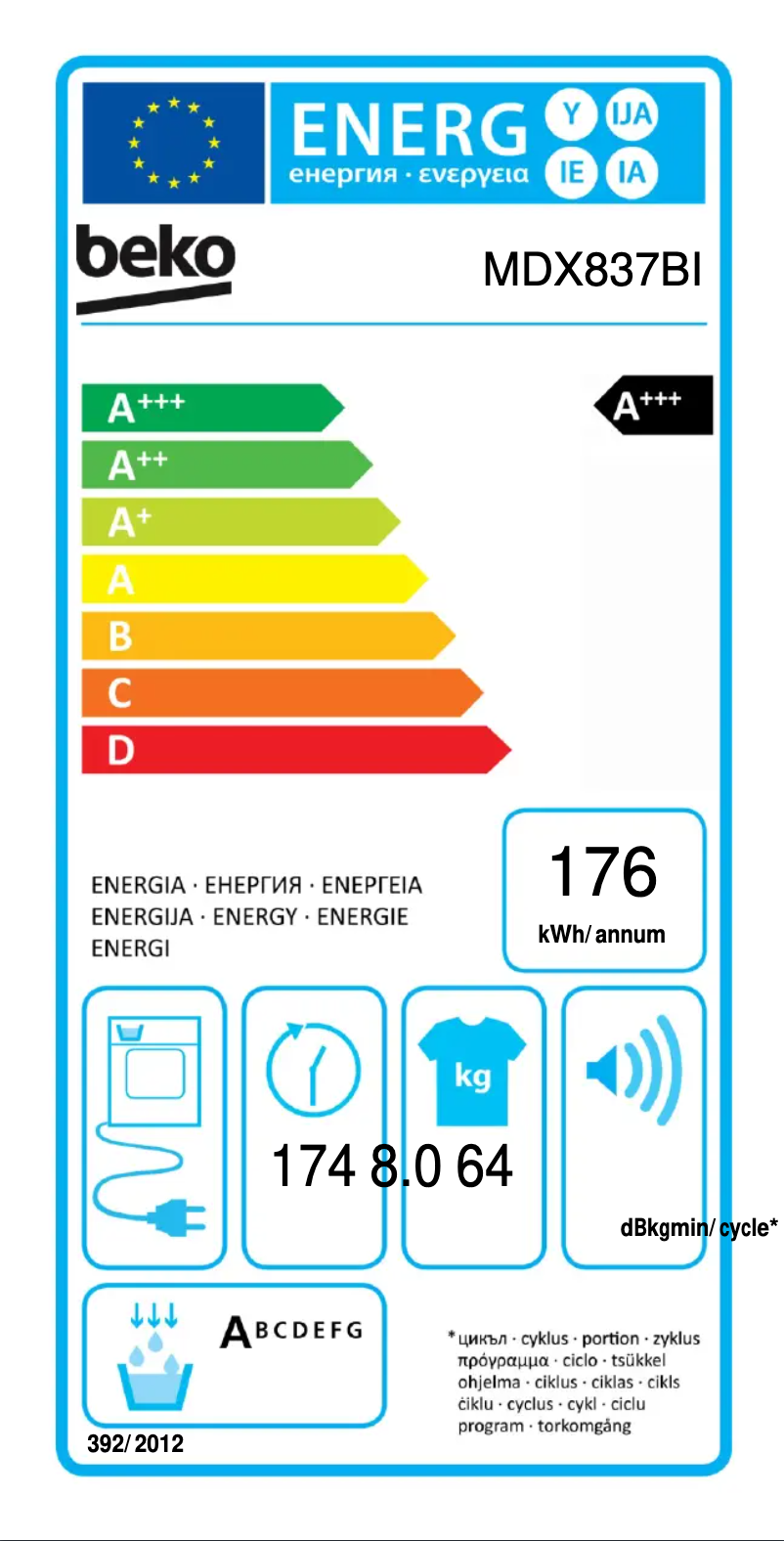 Page 1 de la notice Label énergétique Beko MDX837BI