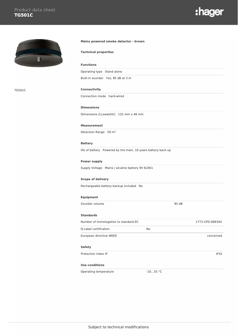 Page 1 de la notice Fiche technique Hager TG501C