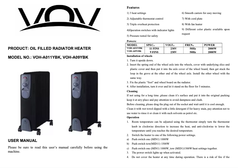 Page n°1 - Manuel utilisateur VOV VOH-A09YBK