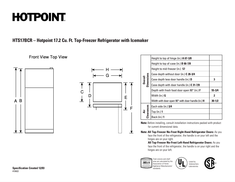 Page 1 de la notice Fiche technique Hotpoint HTS17BCRLWW