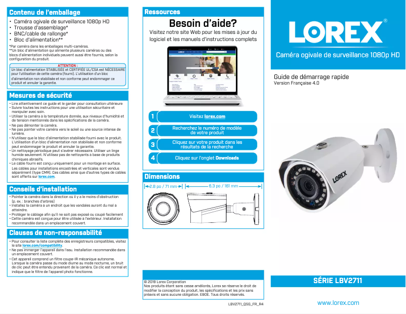 Page n°1 - Guide de démarrage rapide Lorex LBV2711BW