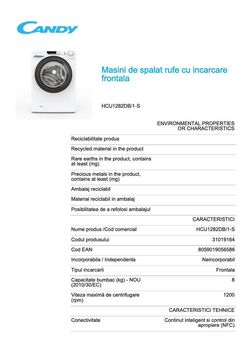 Page 1 de la notice Fiche technique Candy HCU1282DB/1-S