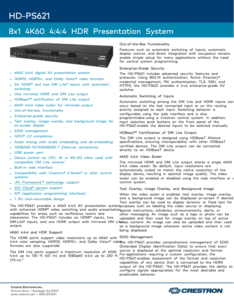 Page 1 de la notice Fiche technique Crestron HD-PS621