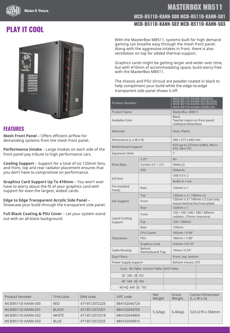 Page n°1 - Fiche technique Cooler Master MasterBox MB511 ARGB