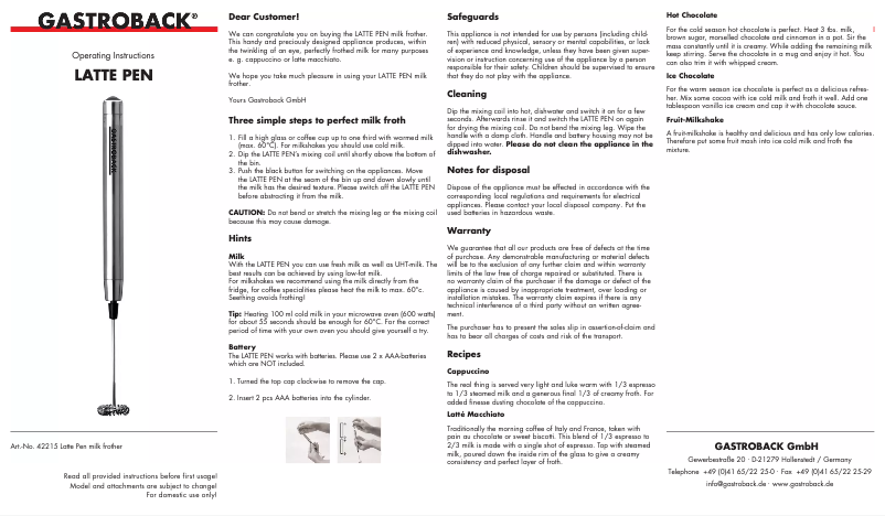 Page n°1 - Manuel utilisateur Gastroback 42215 Pen