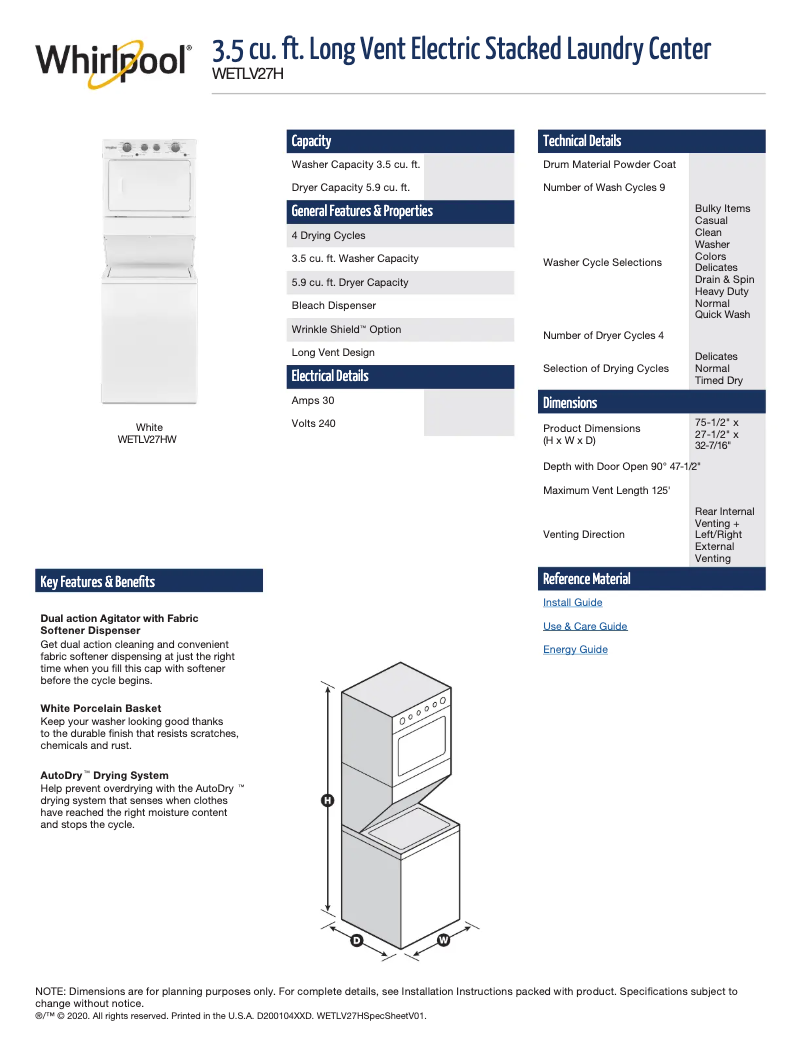 Página 1 del manual Ficha técnica Whirlpool WETLV27HW