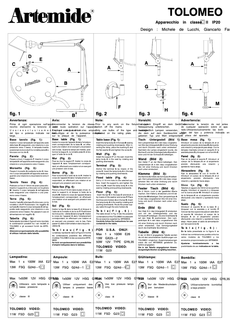 Page n°1 - Manuel utilisateur Artemide Tolomeo