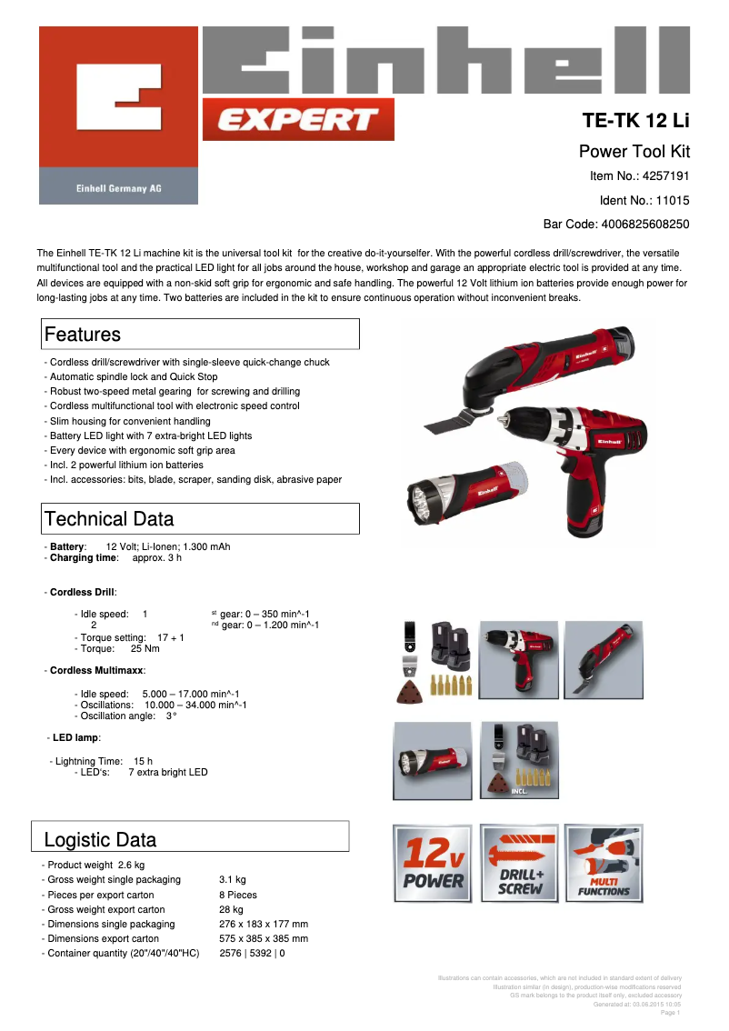 Page 1 de la notice Fiche technique Einhell TE-TK 12 LI