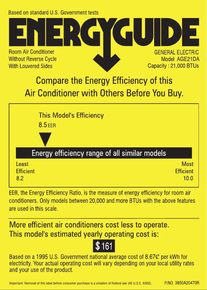 Page 1 de la notice Label énergétique GE A21DA