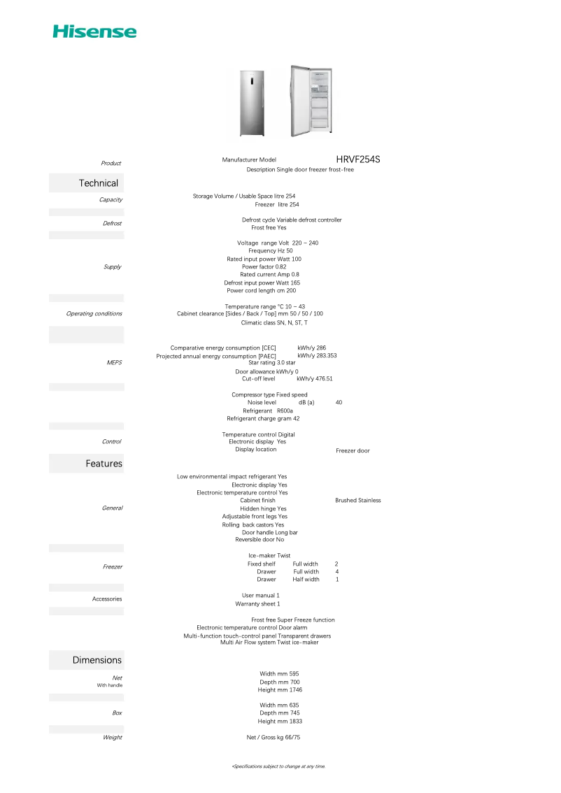 Page 1 de la notice Fiche technique Hisense HRVF254