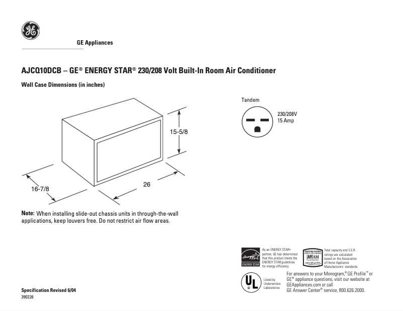 Page 1 de la notice Fiche technique GE AJCQ10DCB