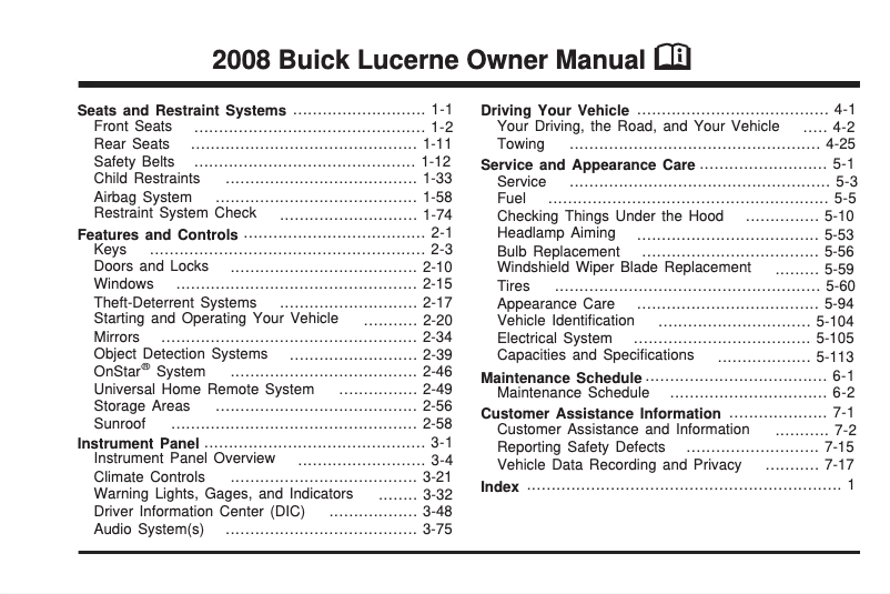 Page 1 de la notice Manuel utilisateur Buick Lucerne (2008)