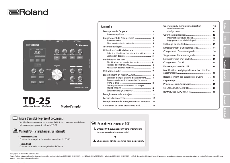 Page 1 de la notice Manuel utilisateur Roland TD-25K