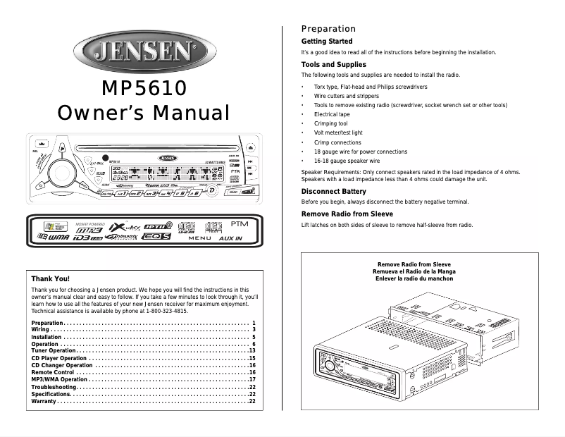 Page 1 de la notice Manuel utilisateur Jensen MP5610
